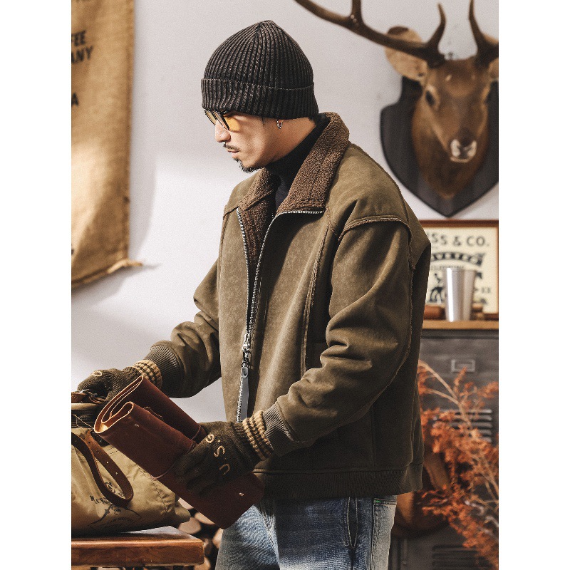 美式復古加厚機車皮毛一體麂皮絨棉服男冬季保暖羊羔絨棉衣外套男