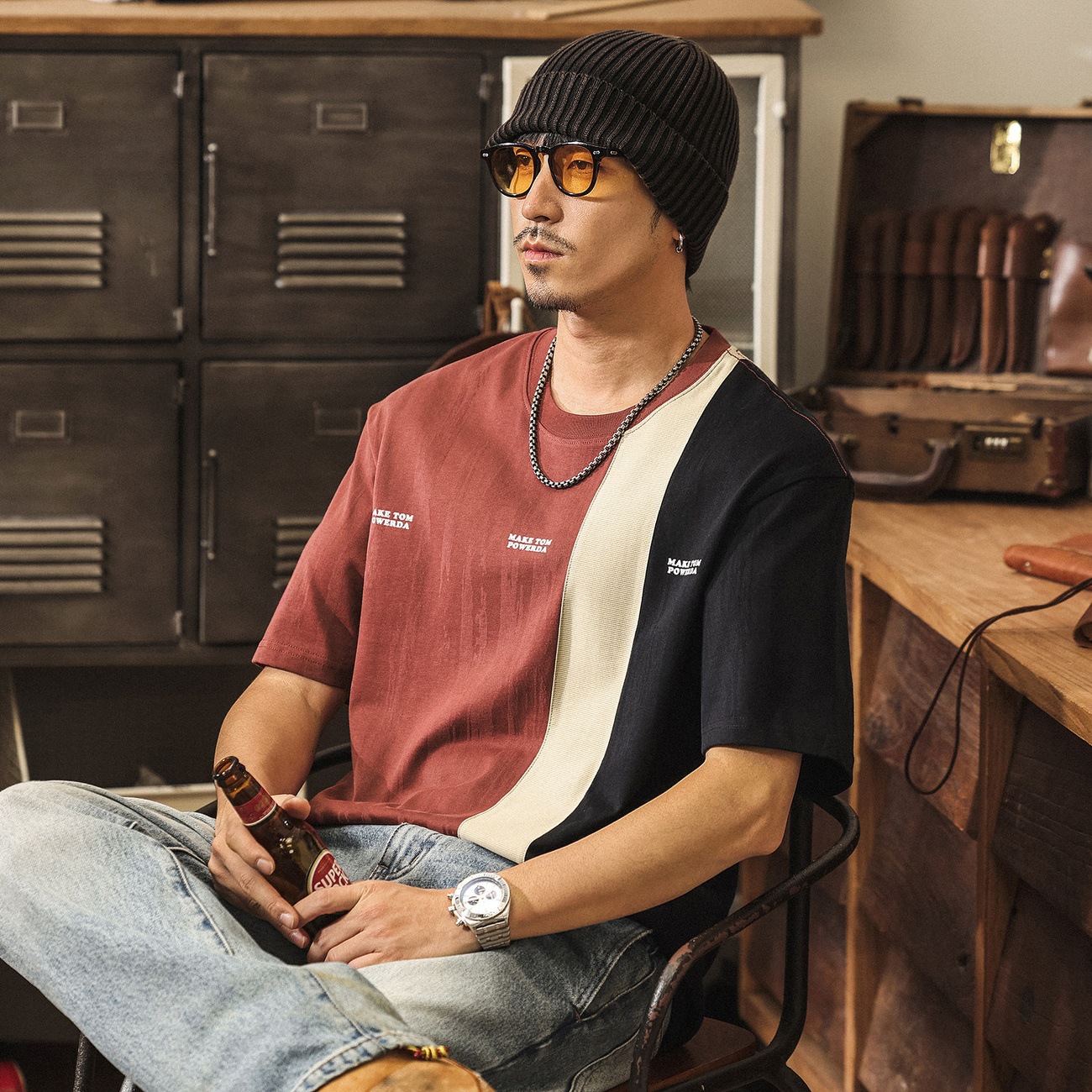 美式復古潮牌拼接撞色短袖男夏季2026新款重磅T恤男寬鬆上衣