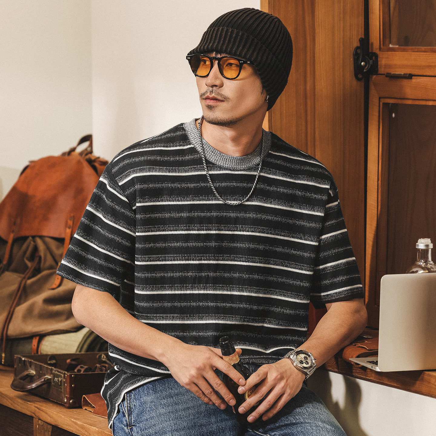 美式復古老錢風針織條紋T恤男夏季短袖2026新款潮流寬鬆休閒上衣