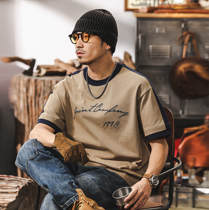 拼接撞色T恤男美式復古短袖夏季2025新款潮牌刺繡寬鬆上衣男