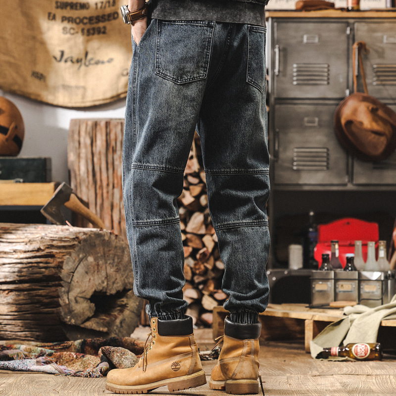 美式復古牛仔褲男秋季休閒束腳2024新款潮流石磨水洗男士秋冬褲子