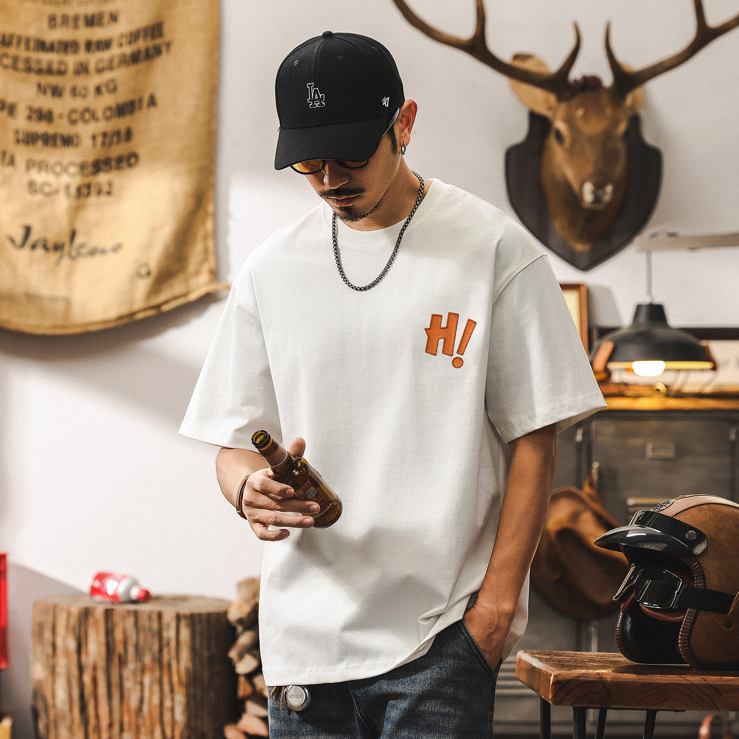 美式復古重磅白色T恤男夏季男士短袖2025新款寬鬆休閒衣服男