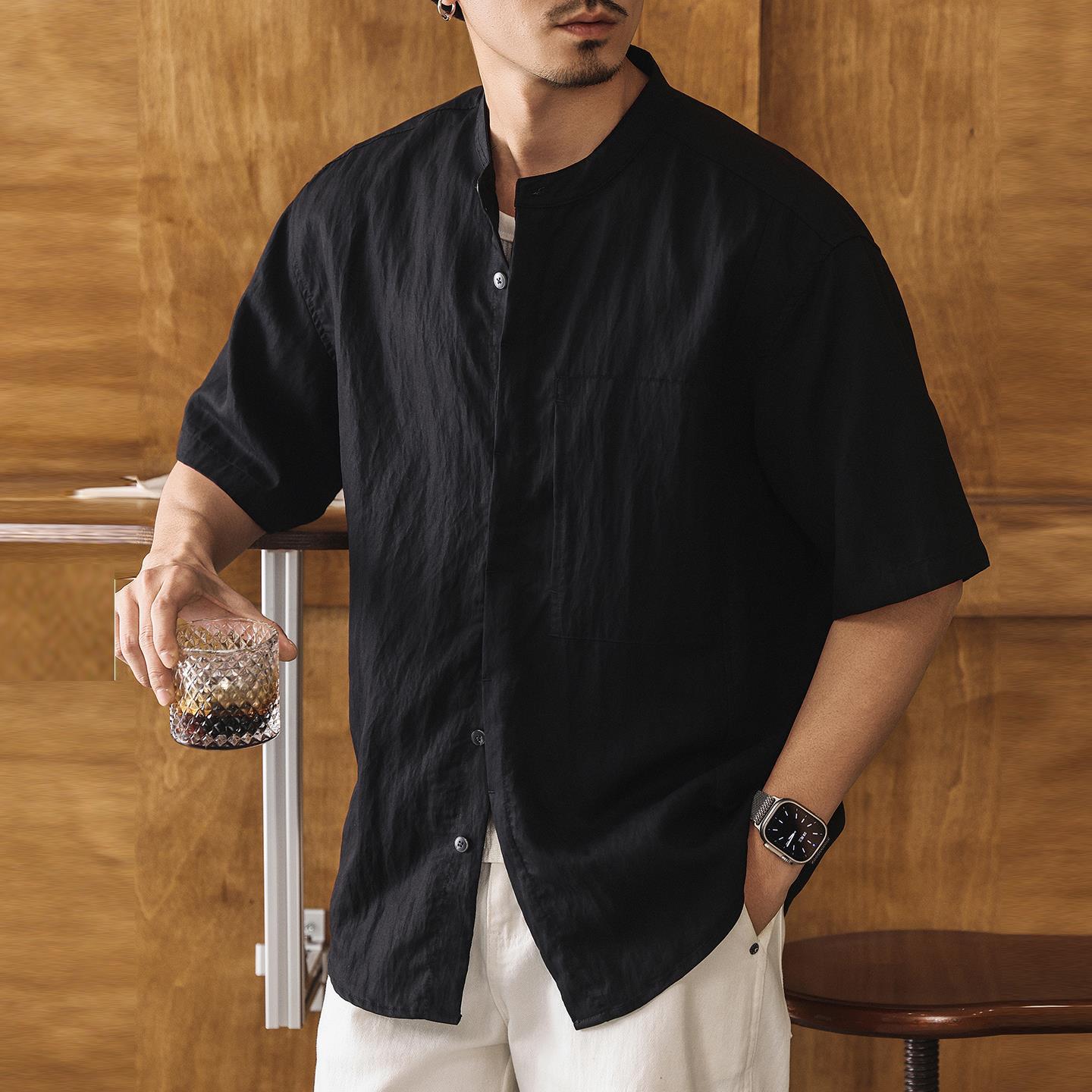 90.7%萊賽爾新貴老錢風短袖襯衫男夏季新款新中式男裝寬鬆襯衣男