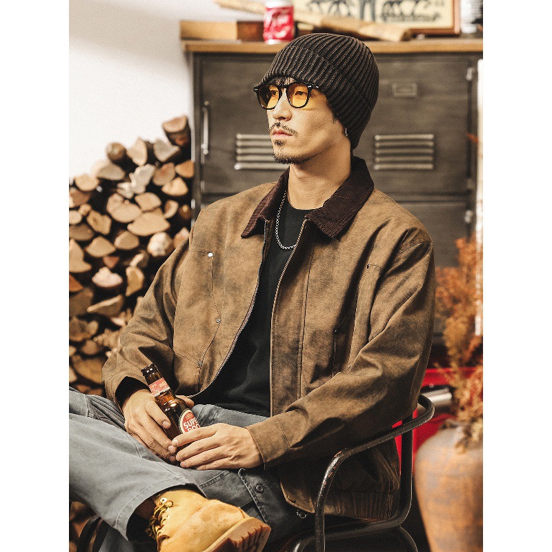 美式復古髒染男士外套春秋2025新款美拉德寬鬆潮流工裝夾克男秋季