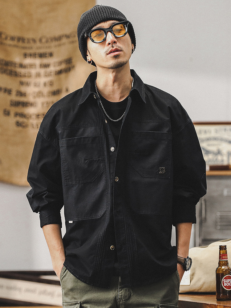 傑雷諾美式複古拼接工裝襯衫男秋季潮牌寬松休閑襯衣長袖男款外套