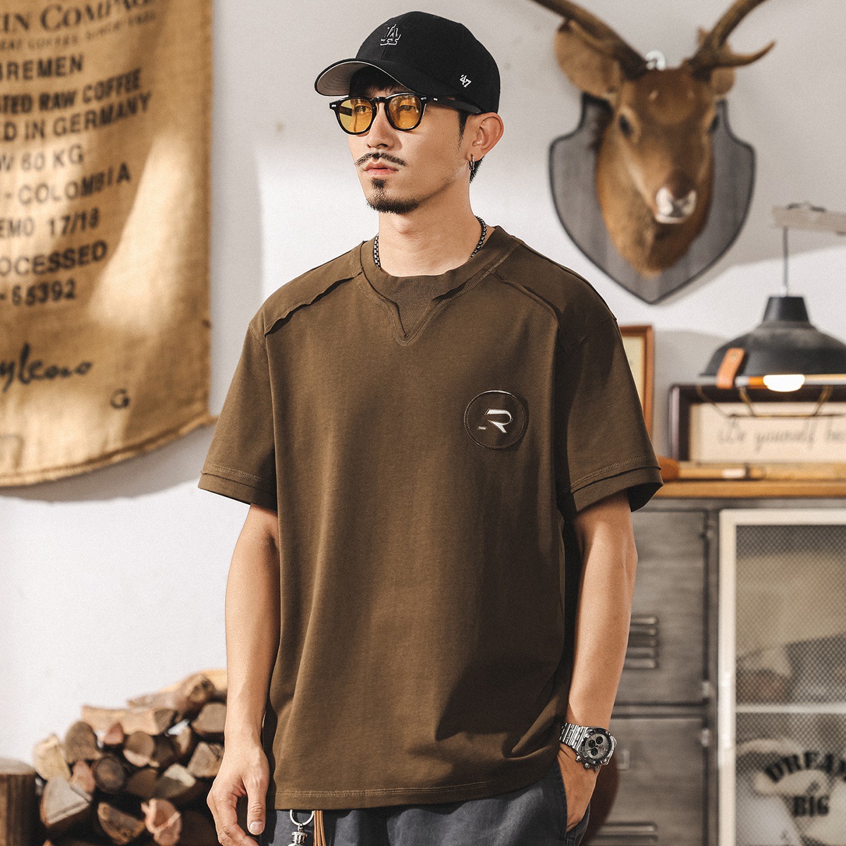 美式復古重磅T恤男士短袖寬鬆夏季新款拼接潮牌假兩件半袖男上衣T