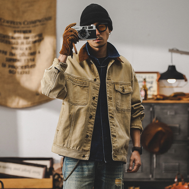 美式經典復古工裝外套男春秋款2024撞色痞帥寬鬆潮牌男士休閒夾克