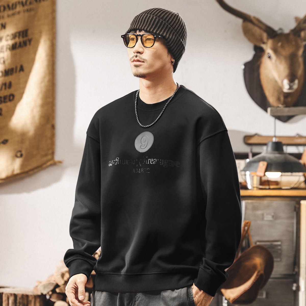 安可拉紅美式重磅衛衣男春秋2025新款潮牌髒染水洗寬鬆休閒上衣男