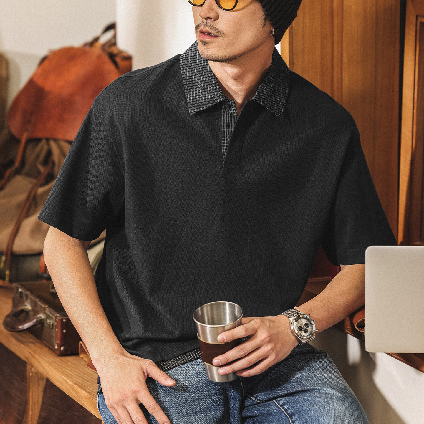 美式復古假兩件拼接短袖Polo衫男款春季潮牌襯衫領寬鬆半袖T恤男