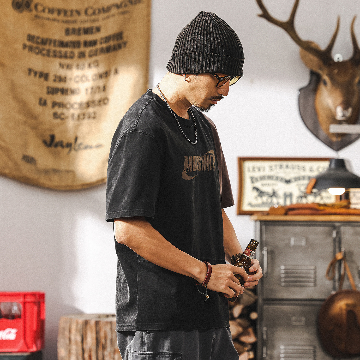 美式復古水洗做舊重磅T恤男短袖2025新款夏季寬鬆撞色半袖上衣男T