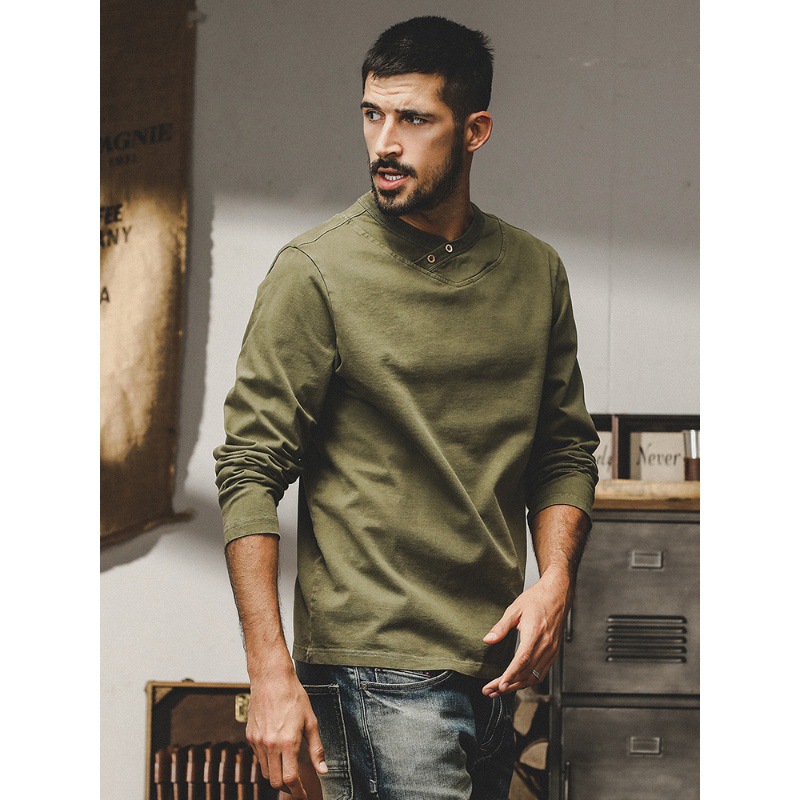 美式重磅精梳棉長袖T恤男秋冬款2023年潮牌簡約百搭亨利領打底衫