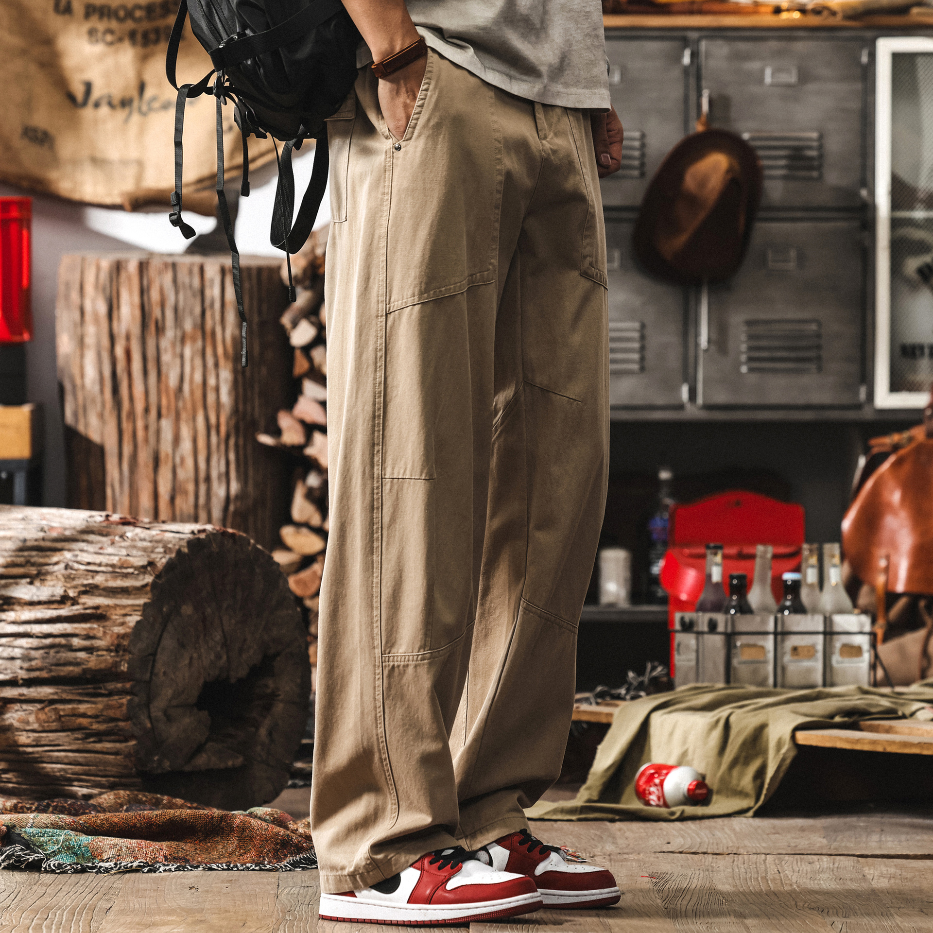 美式復古垂感萊賽爾卡其色褲子男夏季薄款休閒褲男寬鬆直筒工裝褲