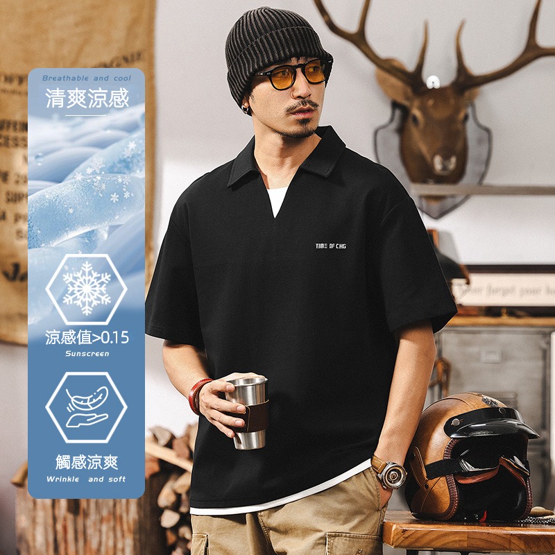 假兩件V領T恤男夏季涼感短袖上衣2025新款潮牌美式復古男士POLO衫