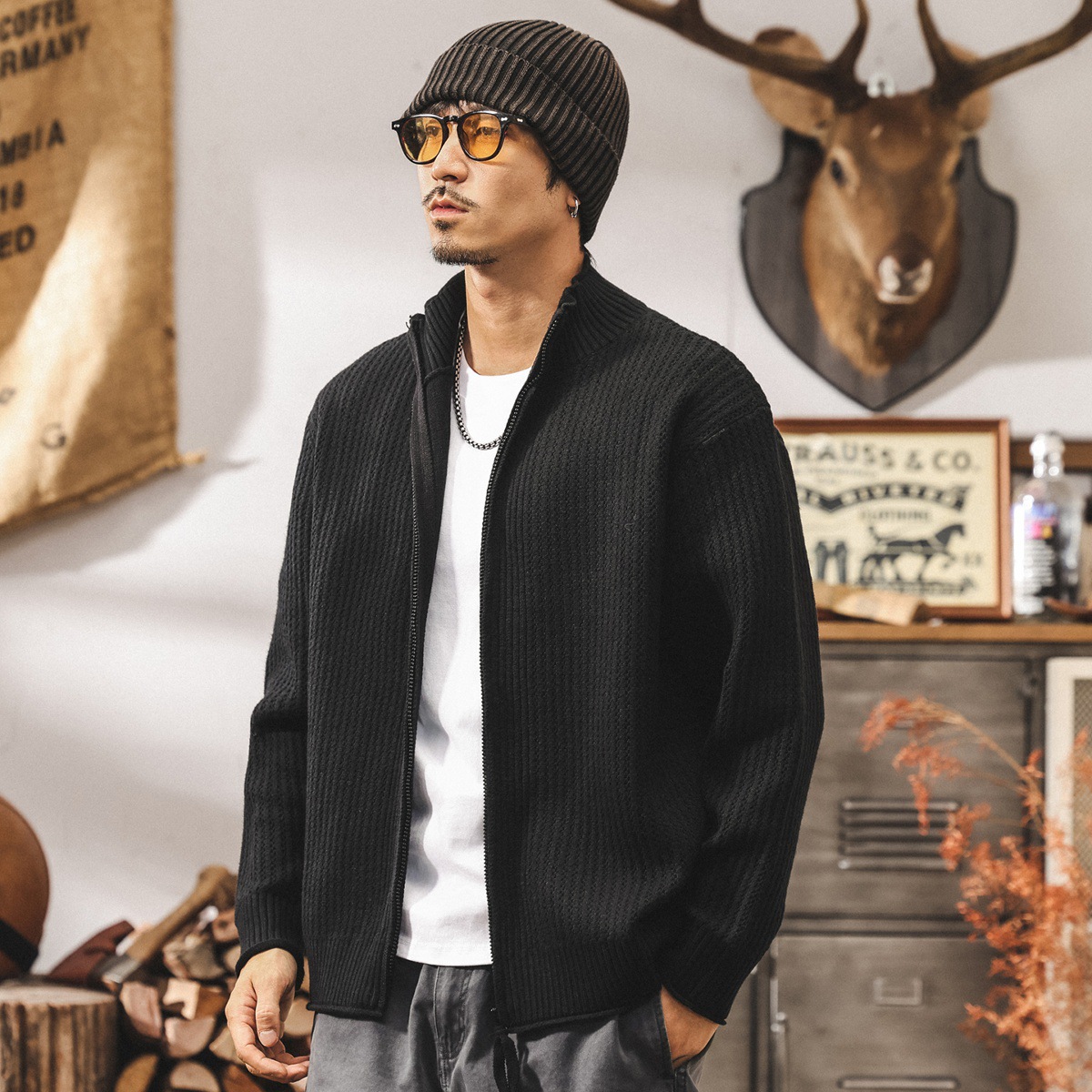 美式復古黑色開衫毛衣外套男春秋寬鬆立領慵懶風針織衫上衣男秋冬