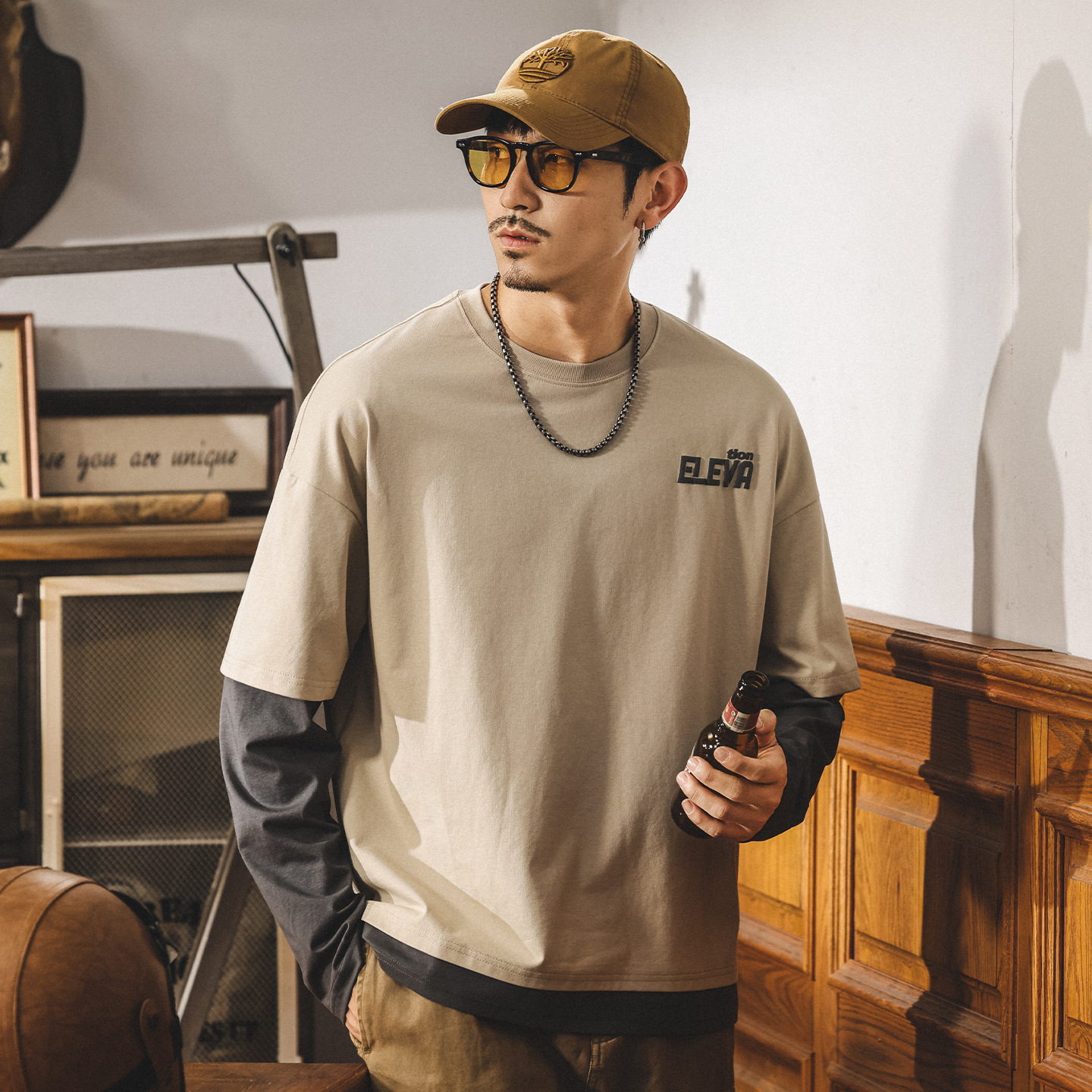 美式復古假兩件長袖t恤男春秋2025新款寬鬆大碼潮牌拼接秋季上衣T