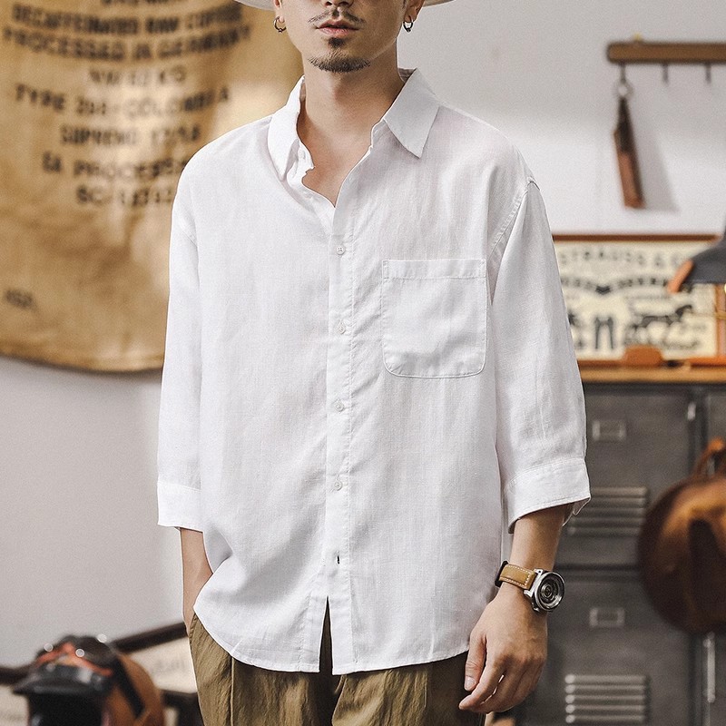 夏季新款中式國風亞麻襯衫男士短袖萊賽爾天絲薄款七分袖男士襯衣