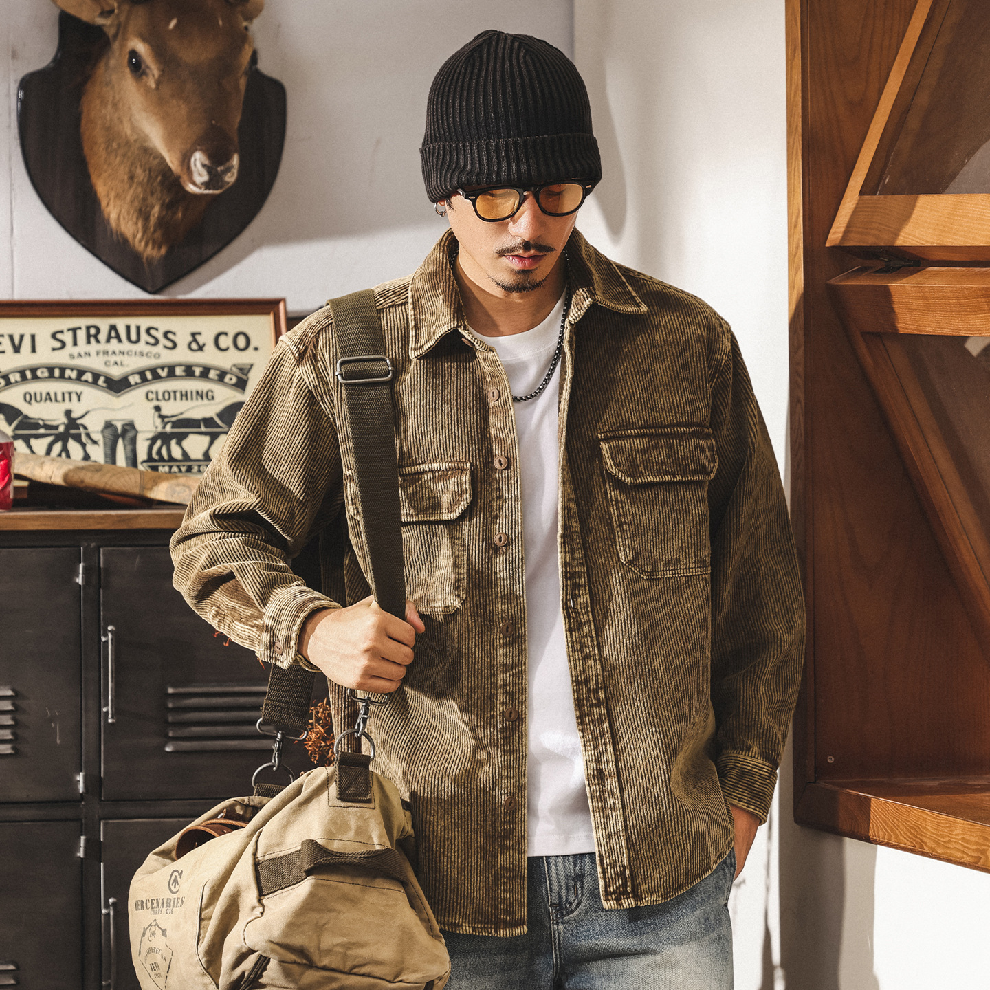 美式復古工裝襯衫男長袖春秋潮牌襯衣男寬鬆老錢風燈芯絨夾克外套