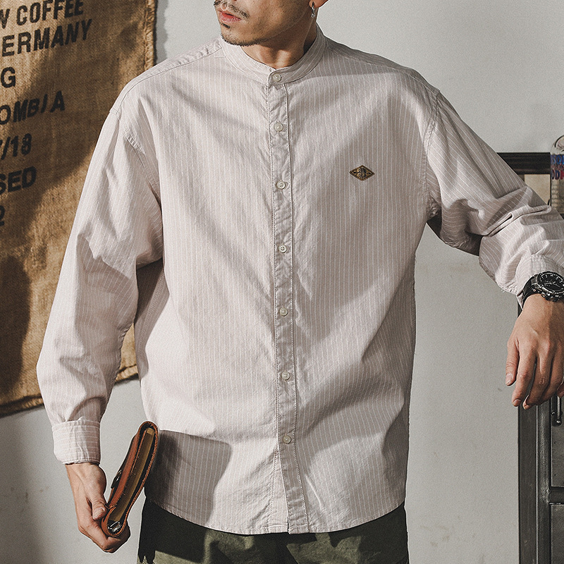 杰雷諾美式經典復古立領條紋襯衫男長袖寬鬆潮牌襯衣外套男春秋款