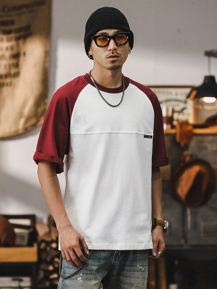 230g重磅T恤男夏季寬鬆潮牌短袖2024新款插肩袖撞色潮流男士上衣