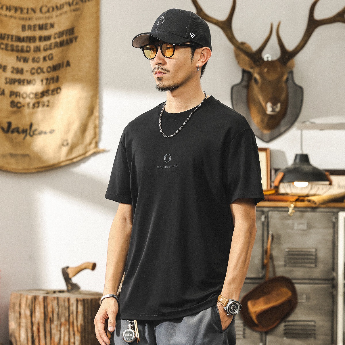 高級感桑蠶絲軟糯親膚短袖T恤男士夏季潮牌簡約刺繡寬鬆男士上衣