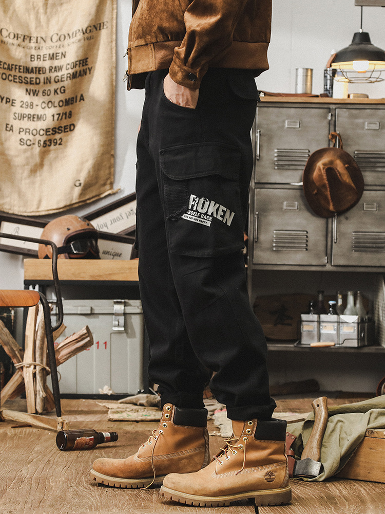 傑雷諾美式複古工裝褲男秋季潮牌多口袋寬松大碼刺繡褲子男款