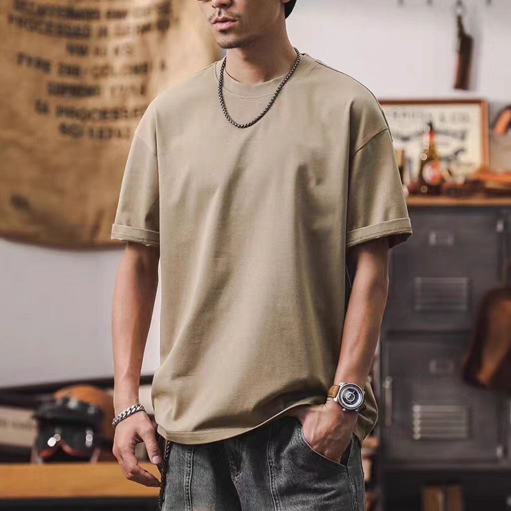 32支雙紗爽滑棉250g重磅基礎純色圓領短袖T恤男夏季寬鬆百搭小白t