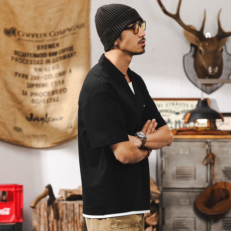 假兩件V領T恤男夏季涼感短袖上衣2025新款潮牌美式復古男士POLO衫