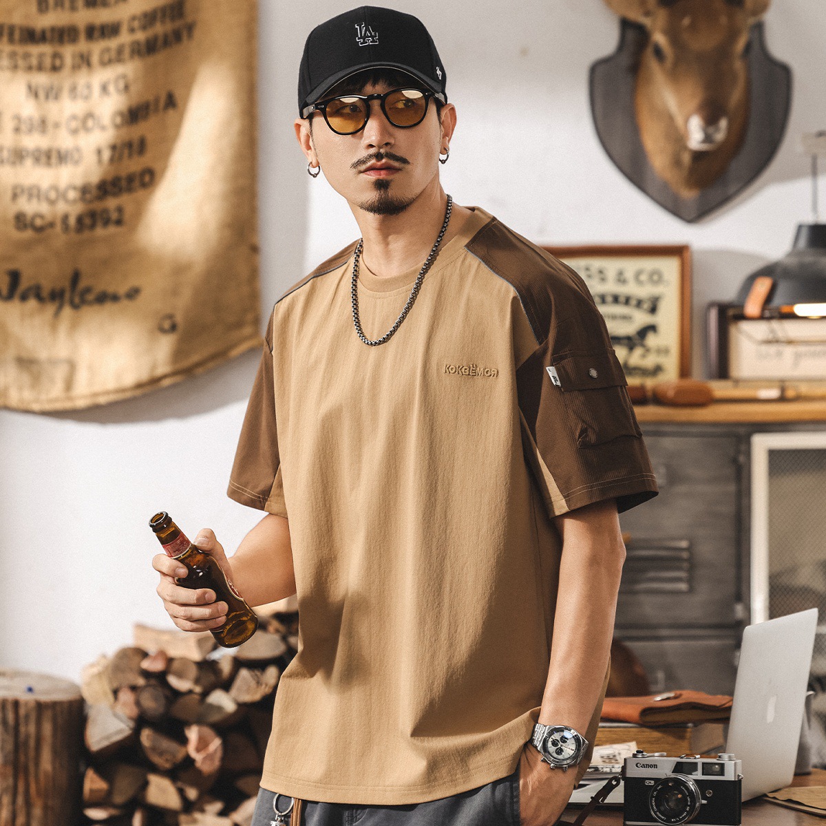 美式復古潮流男士夏季短袖t恤2025新款拼接撞色體恤寬鬆休閒上衣