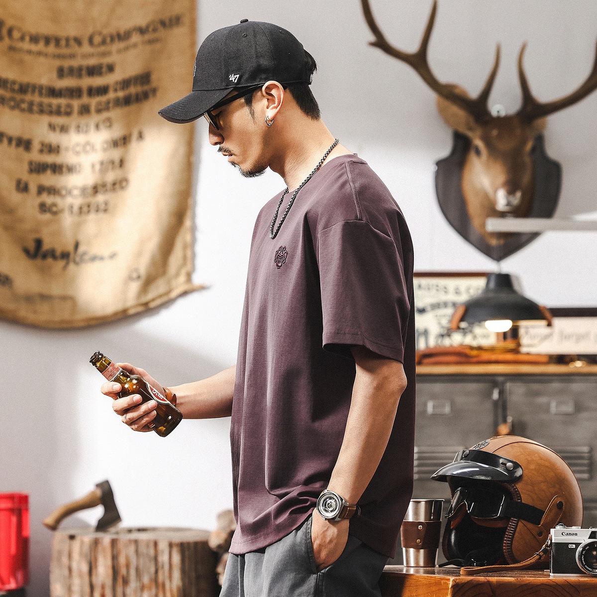 美式復古悟空刺繡短袖T恤夏季男裝2025新款潮牌寬鬆簡約男士上衣