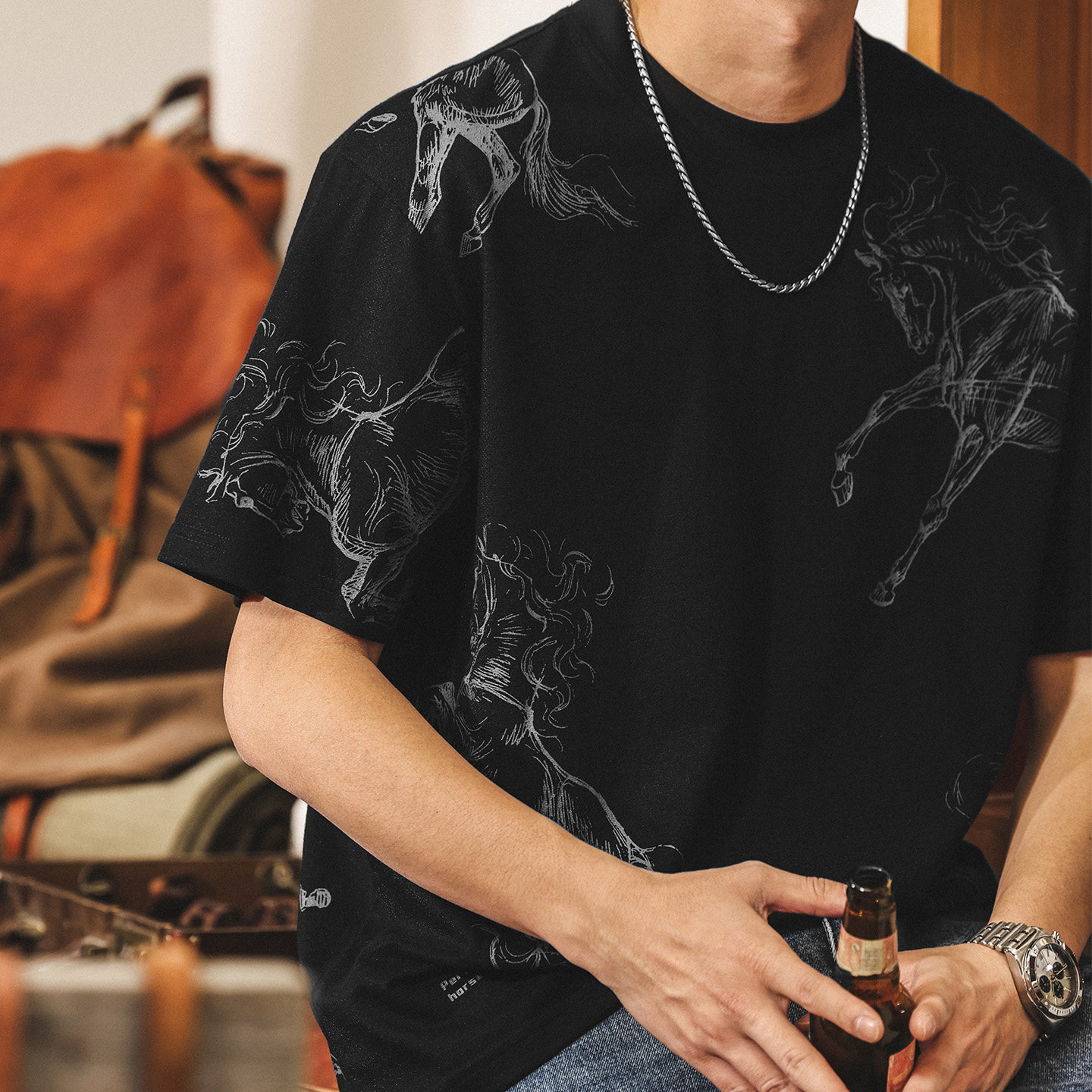 美式復古馬年亞麻T恤男夏季短袖2026新款潮流印花半袖寬鬆上衣男