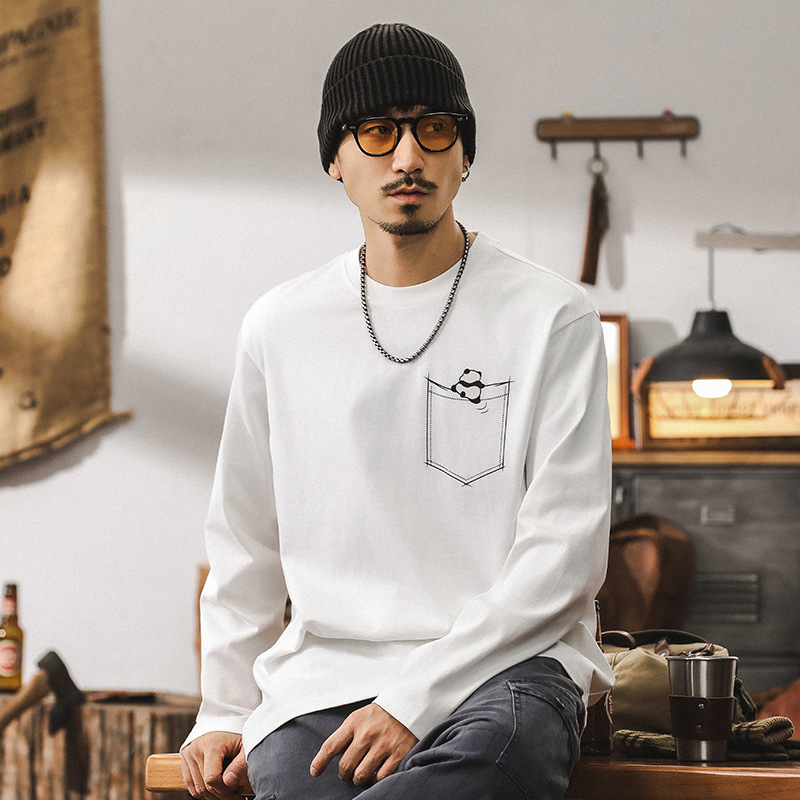 美式潮牌重磅T恤男長袖秋季寬鬆萌趣熊貓印花上衣簡約打底衫