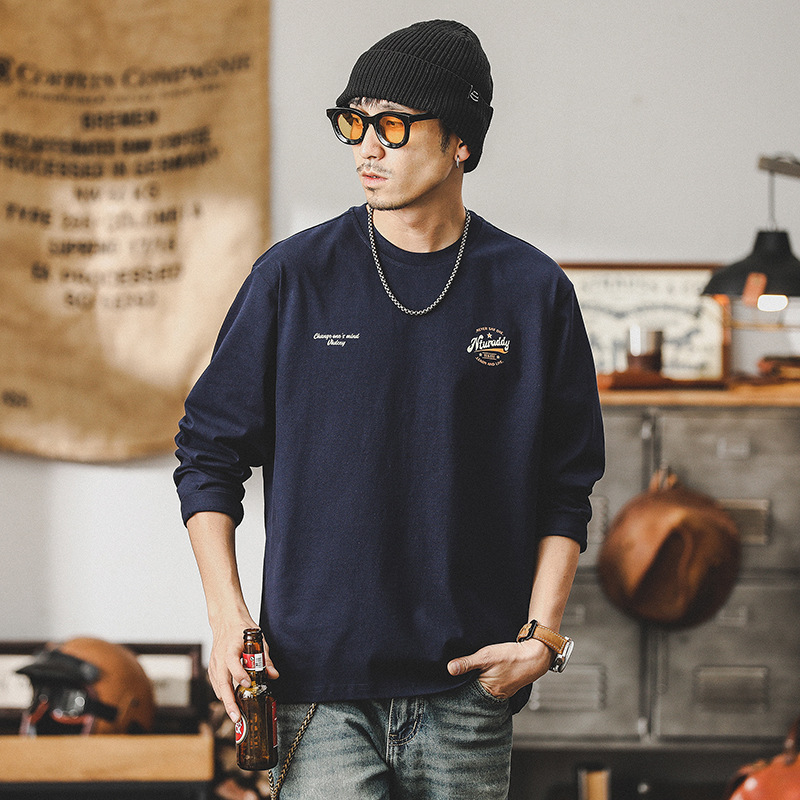 美式260g重磅T恤男長袖2024新款寬鬆簡約印花體恤男男士上衣