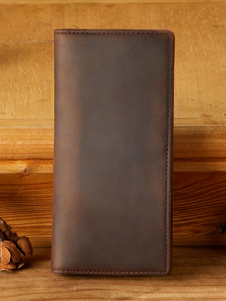 手工真皮男士錢包超薄長款牛皮多卡位皮夾兩折瘋馬皮簡約復古男包