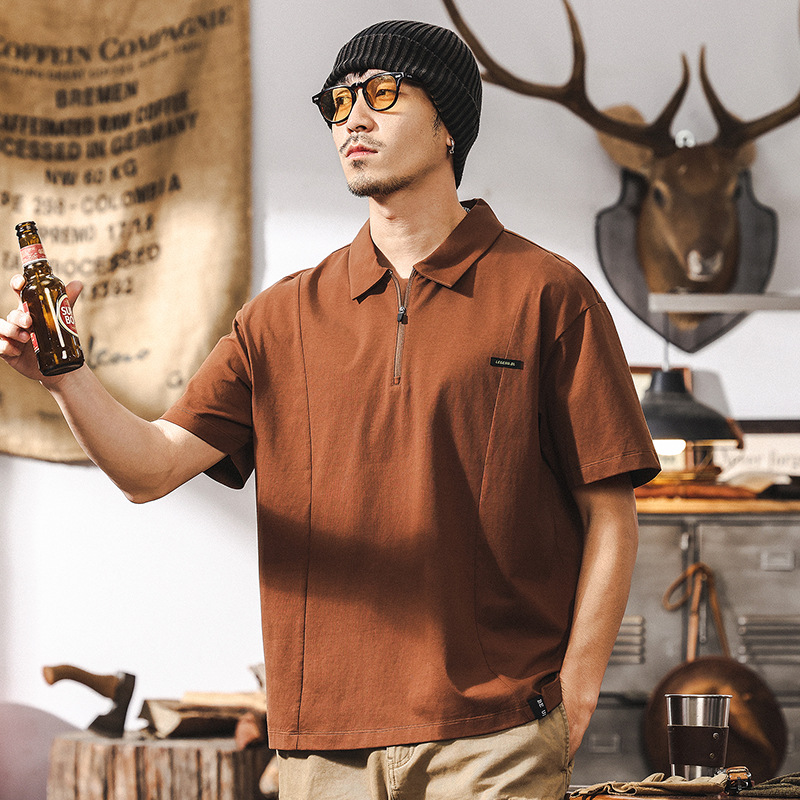 美拉德復古短袖男夏季T恤男美式2025新款寬鬆半高拉鍊男士polo衫