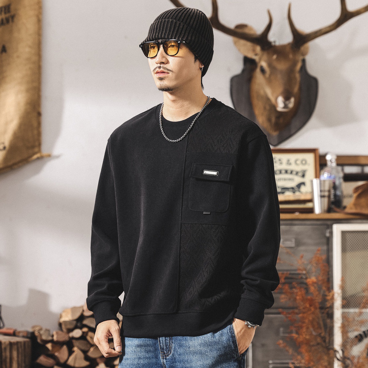 美式復古380g重磅衛衣男春秋2025新款提花拼接加厚秋冬寬鬆上衣男