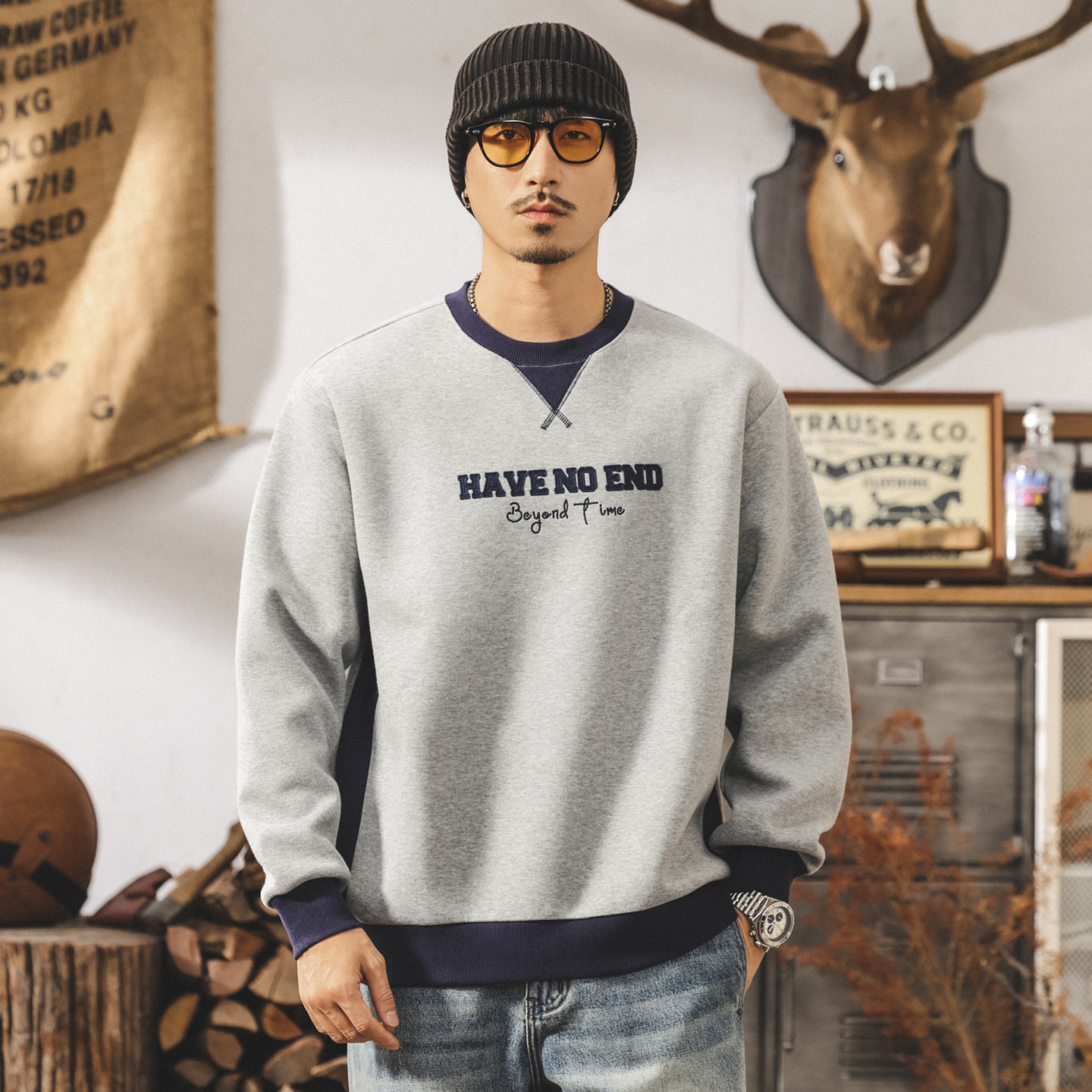 美式390g重磅復古衛衣男款寬鬆大碼潮牌拼接撞色休閒秋季上衣男潮