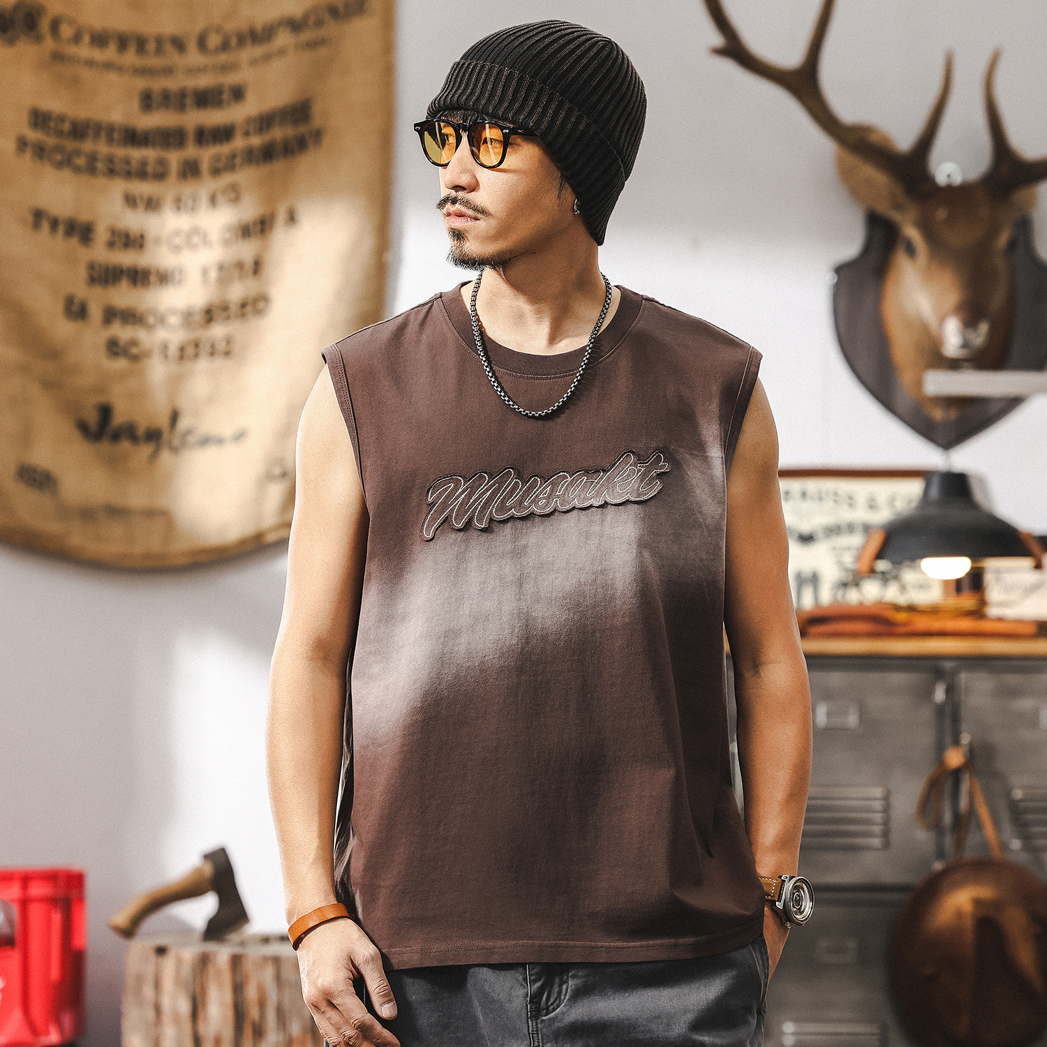 美式復古寬鬆運動健身背心男士夏季2025新款潮流漸變水洗無袖T恤