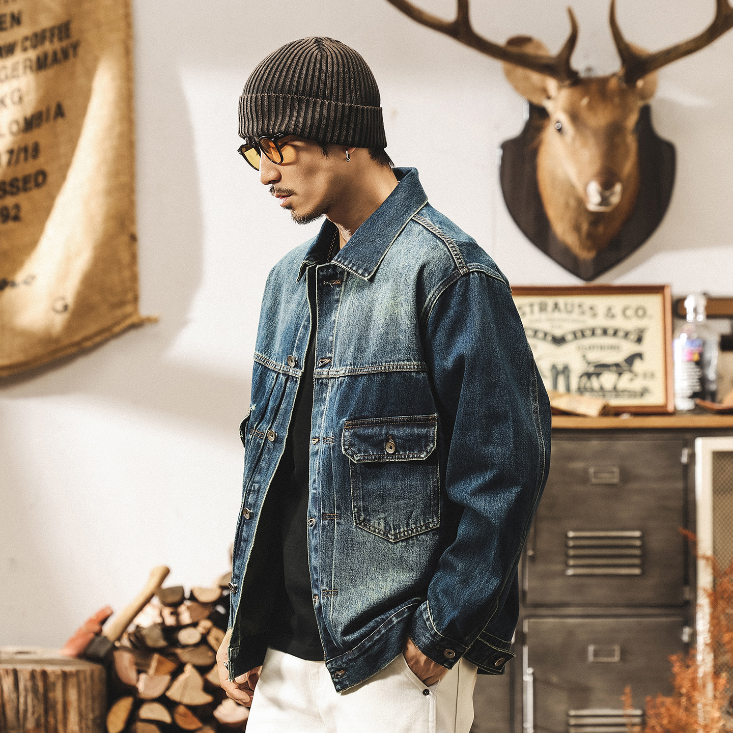 美式復古重磅水洗牛仔外套男秋春新款潮牌阿美咔嘰寬鬆工裝夾克男