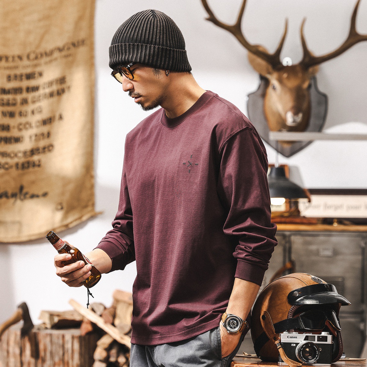 美式潮牌簡約T恤男長袖春季2025新款寬鬆圓領內搭打底衫休閒上衣T