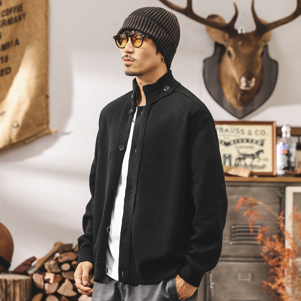 美式復古重磅開衫毛衣男春秋新款寬鬆慵懶半高領針織衫外套男秋冬