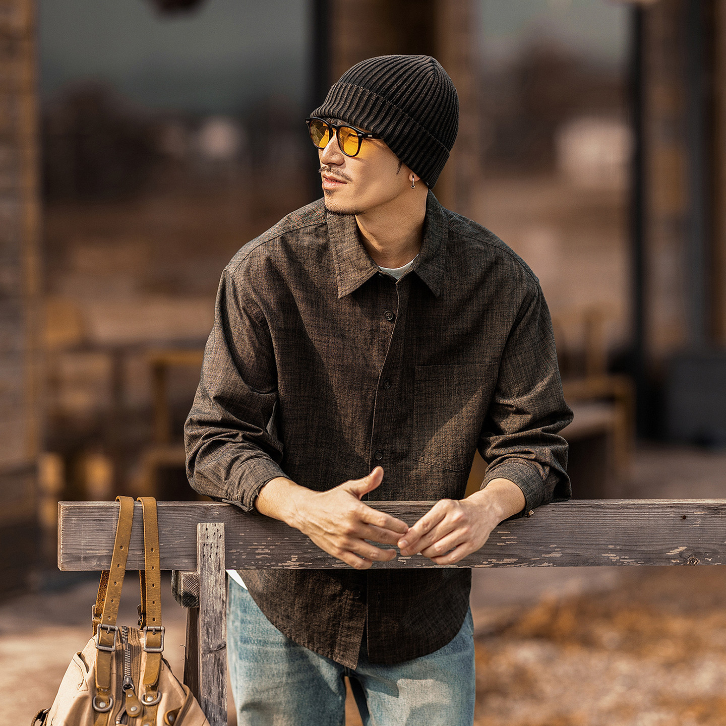 美式復古老錢風仿麻襯衫男長袖春季新款竹節寬鬆休閒襯衣外套