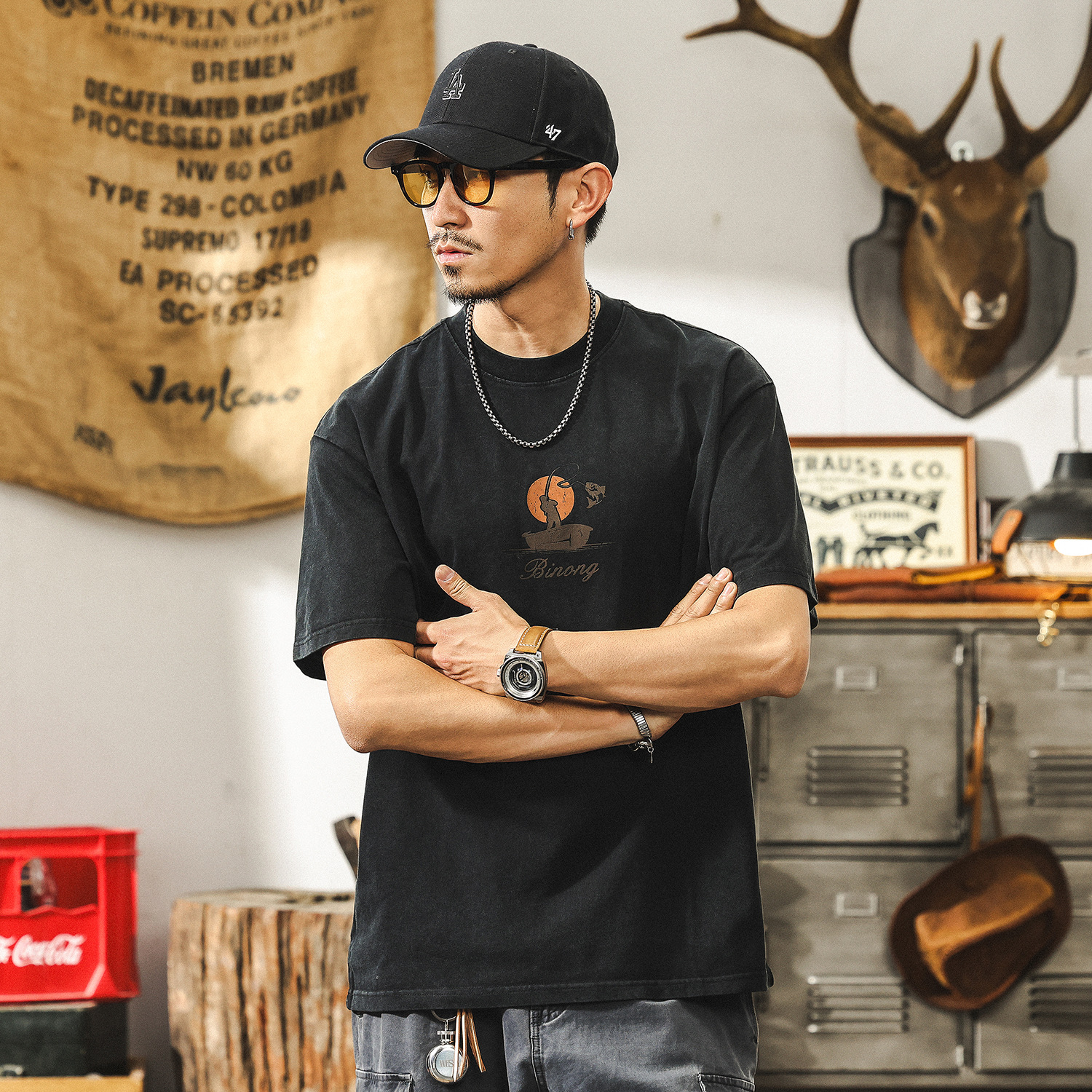 美式復古水洗做舊T恤男短袖夏季2025新款潮牌重磅寬鬆上衣男