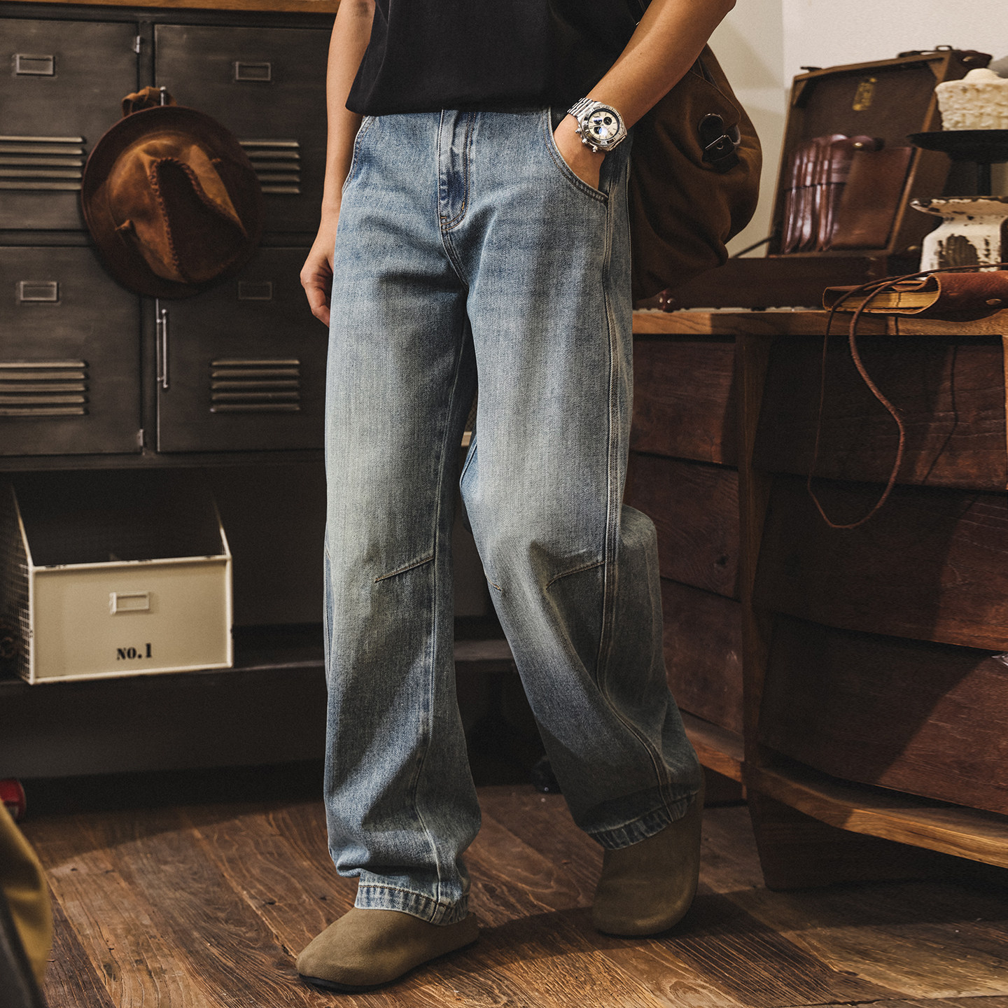 美式復古水洗彎刀牛仔褲男款直筒春季潮牌2026新款寬鬆休閒長褲男