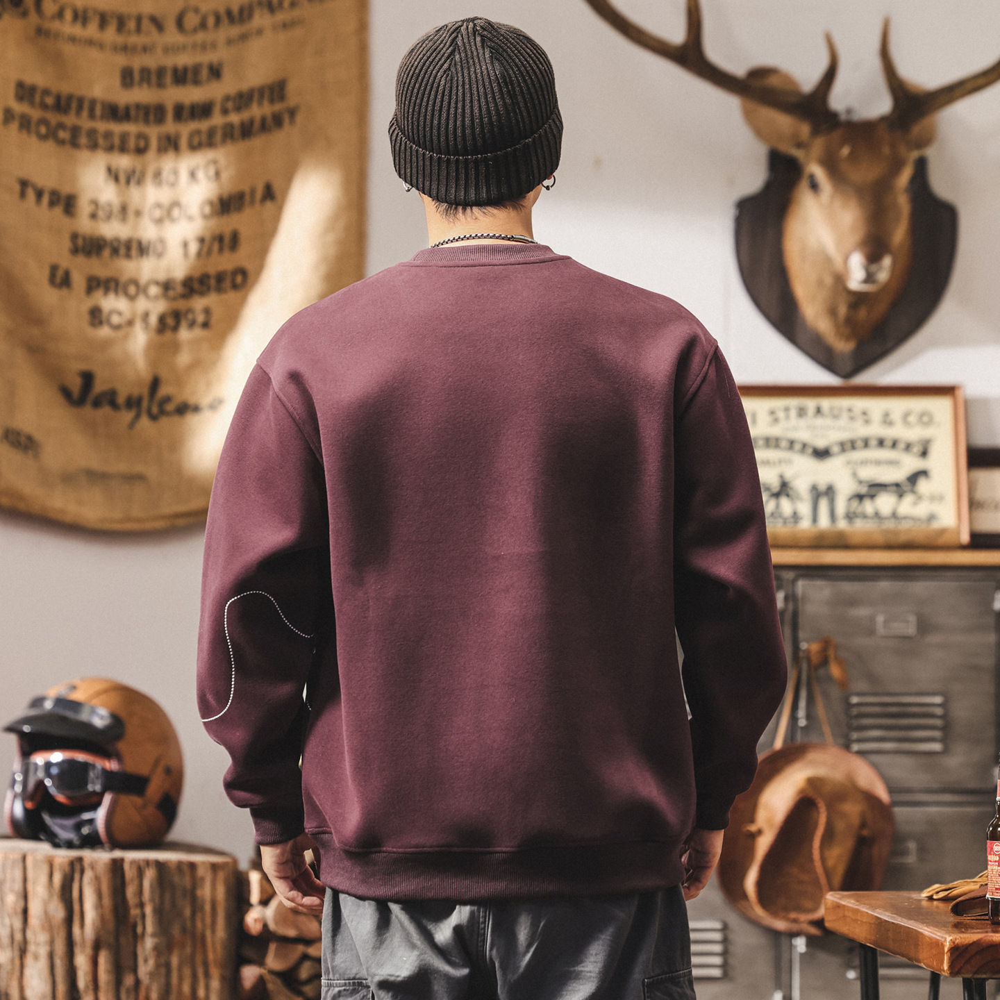 美式復古圓領套頭衛衣男款重磅春秋新款明線設計寬鬆男士秋季上衣