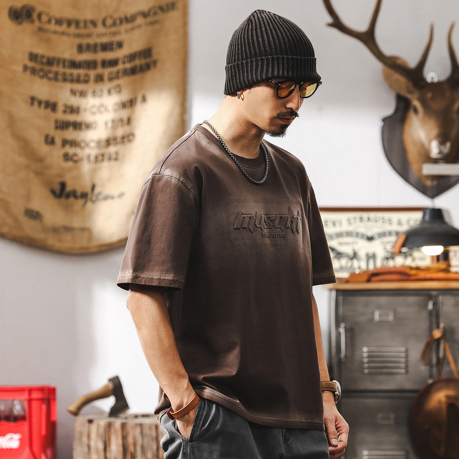 美式復古260g重磅男T恤短袖夏季高級感鋼印立體水洗漸變體恤