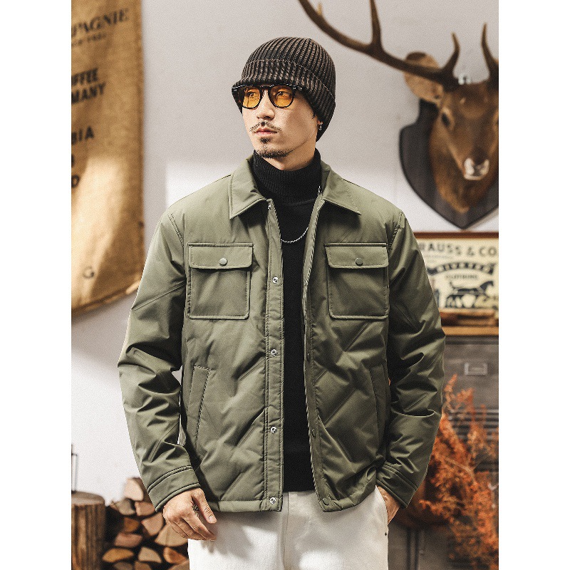 美式復古90白鴨絨輕薄羽絨服男冬季新款潮牌壓花羽絨襯衫夾克外套