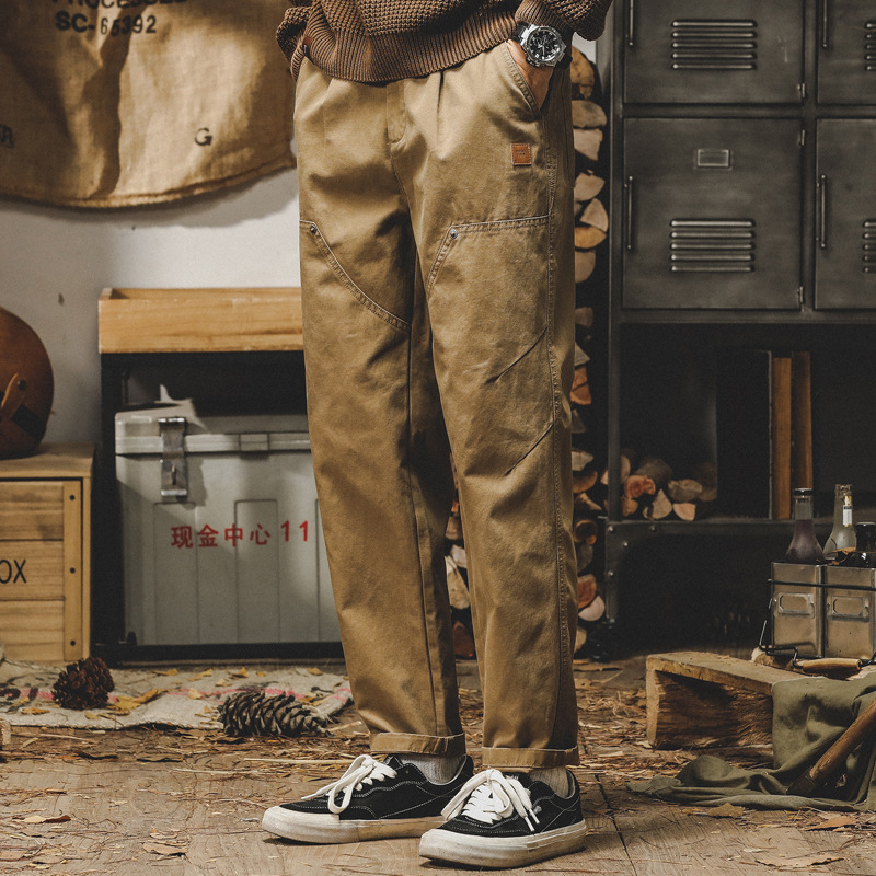 美式重磅工裝褲子男寬鬆直筒休閒褲秋冬款潮流水洗做舊雙膝伐木褲