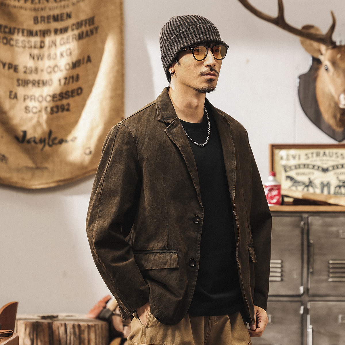 美式復古休閒西裝外套男春秋潮牌做舊阿美咔嘰美拉德工裝夾克西服