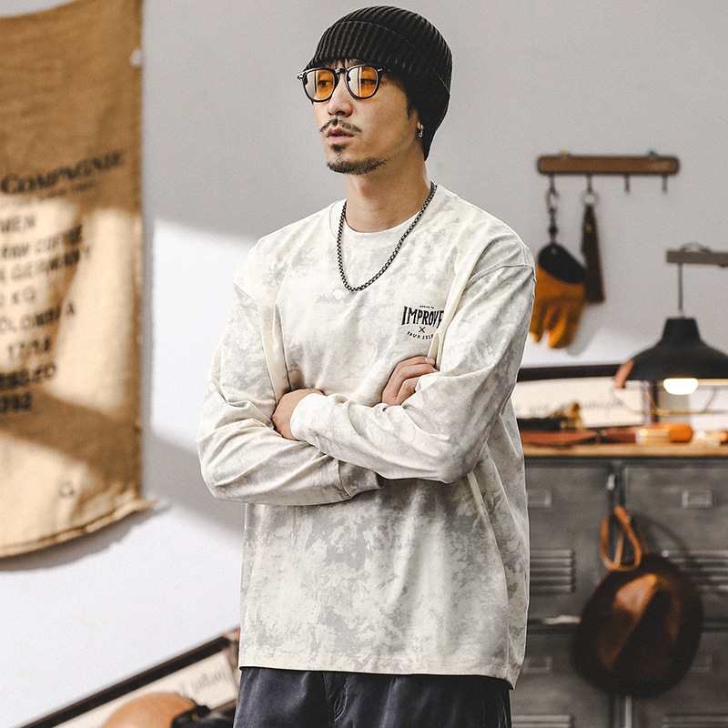 美式複古雲染水洗長袖T恤男秋季潮牌重磅設計感寬松休閑上衣男款T