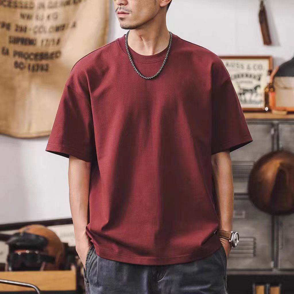 32支雙紗爽滑棉250g重磅基礎純色圓領短袖T恤男夏季寬鬆百搭小白t